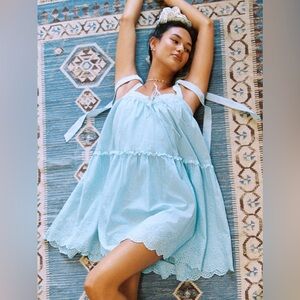 Cider Baby Blue Cotton Square Neck Tie-Strap Babydoll Dress L NWT Cottagecore